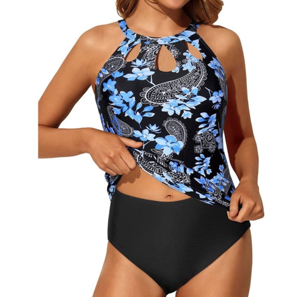 Yonique Tummy Control High Neck Tankini High Waisted Black Floral Swimsuit XL - Picture 2 of 14